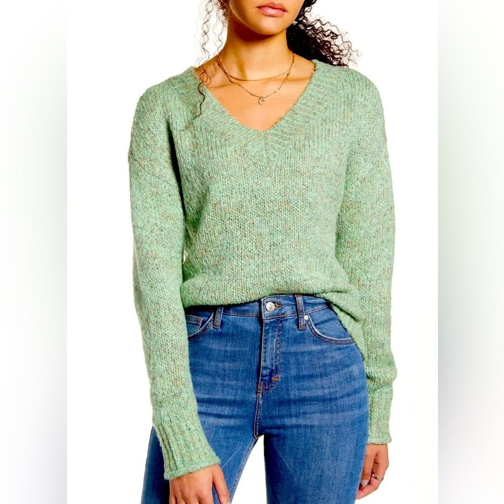 BP Green Marled Knit Cozy Chunky V-Neck Sweater Size Medium